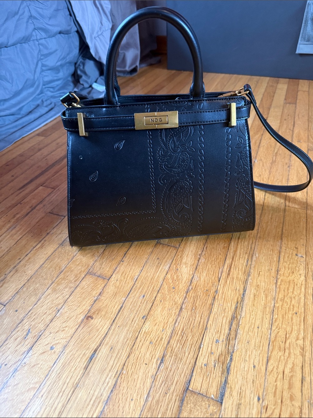 NDG Paris Black Embossed Leather Satchel with Top Handle